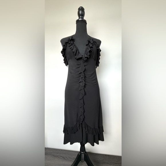 Women's Elegant V Neck Ruffle Trim Open Back Halter Black Cocktail Dress Midi M - Picture 6 of 8